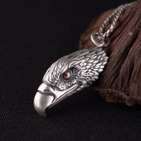 Mens Fine Silver Eagle Head Pendant Necklace