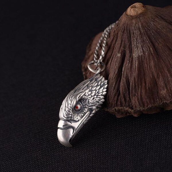 Mens Fine Silver Eagle Head Pendant Necklace