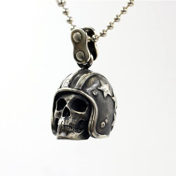 Sterling Silver Biker Skull Pendant Necklace