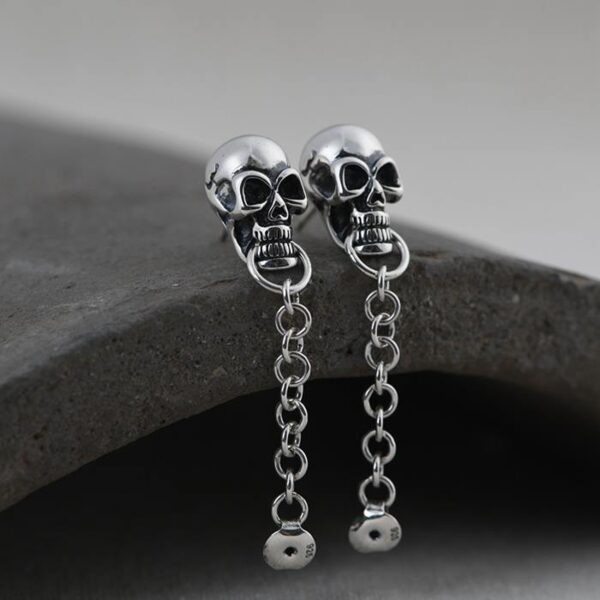Sterling Silver Skull Stud Chain Earrings
