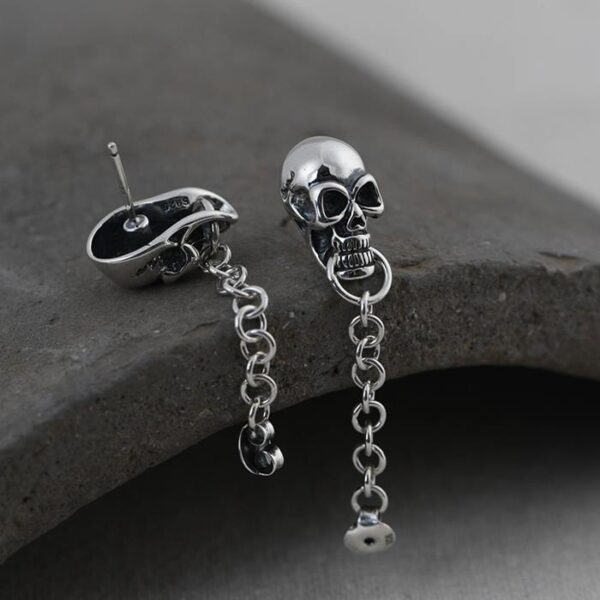 Sterling Silver Skull Stud Chain Earrings