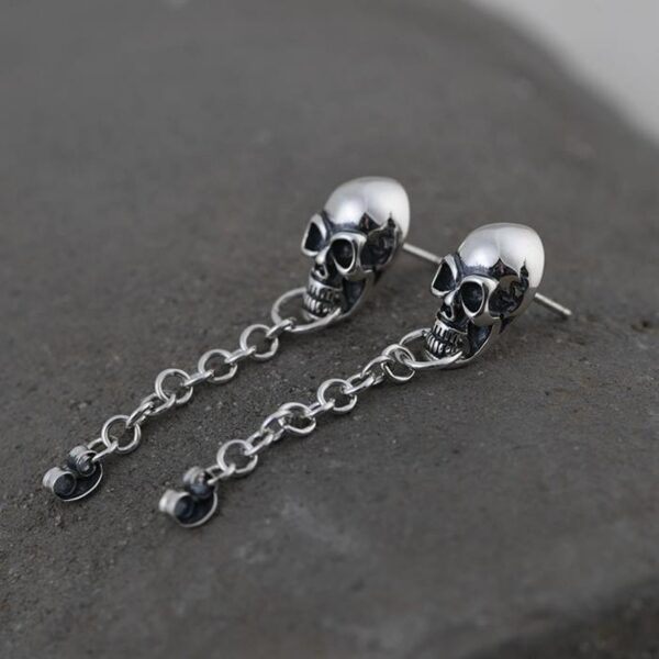 Sterling Silver Skull Stud Chain Earrings