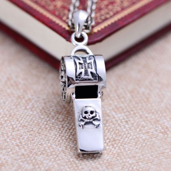 Sterling Silver Skull Whistle Pendant Necklace