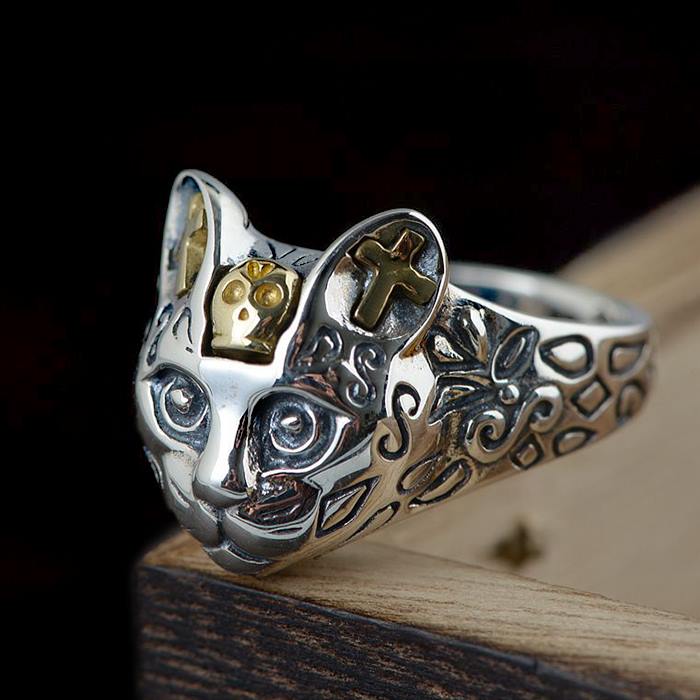 Sterling Silver Cat Head Ring VVV Jewelry