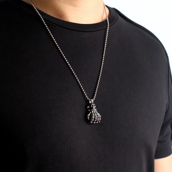 Sterling Silver 'Skeleton Hand' w/Skull Pendant Necklace