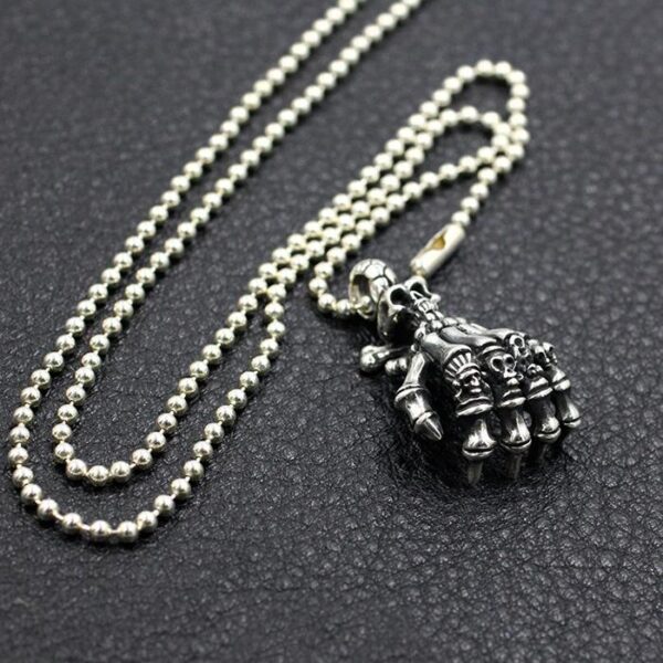 Sterling Silver 'Skeleton Hand' w/Skull Pendant Necklace