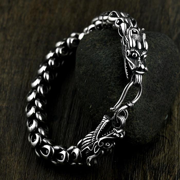 Men Boy Women Silver Dragon Head Black Braided Leather Bracelet Wristband  7-8