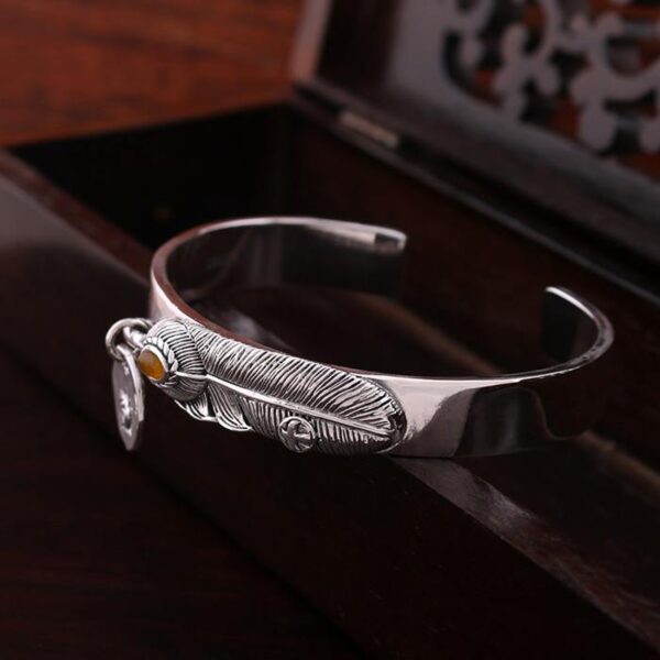 Strerling Silver Yellow Carneol Feather Bangle Bracelet