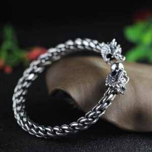 Sterling Silver Double Dragon Head Cable Cuff Bracelet