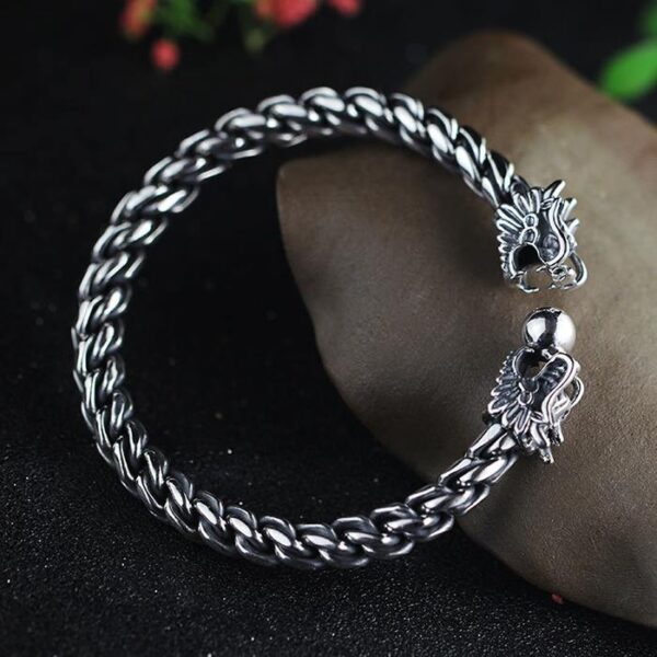 Sterling Silver Double Dragon Head Cable Cuff Bracelet