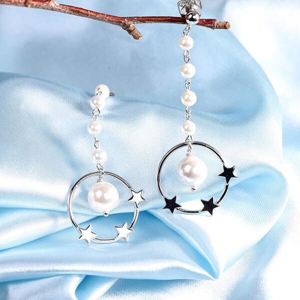 Circle Pearl Star Long Drop Earrings