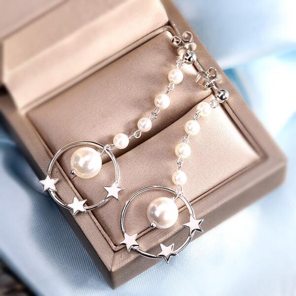 Circle Pearl Star Long Drop Earrings