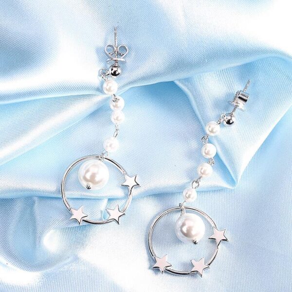 Circle Pearl Star Long Drop Earrings