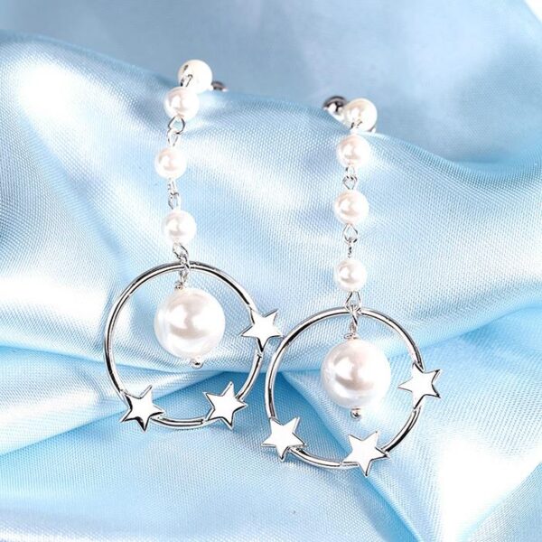 Circle Pearl Star Long Drop Earrings