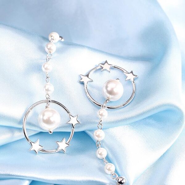 Circle Pearl Star Long Drop Earrings