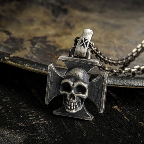 Fine Silver Iron Cross Skull Pendant Necklace