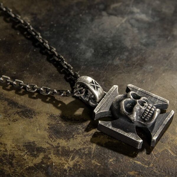 Fine Silver Iron Cross Skull Pendant Necklace