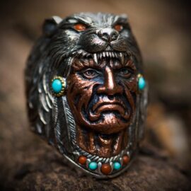 Indian Wolf Head Chieftain Turquoise Ring