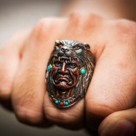 Indian Wolf Head Chieftain Turquoise Ring