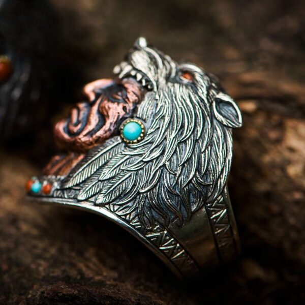 Indian Wolf Head Chieftain Turquoise Ring