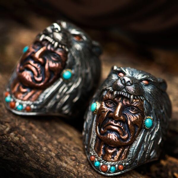 Indian Wolf Head Chieftain Turquoise Ring