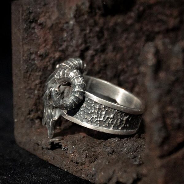 Mens Fine Silver Ram Skull Ring