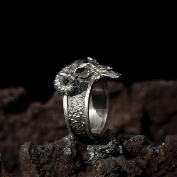 Mens Fine Silver Ram Skull Ring