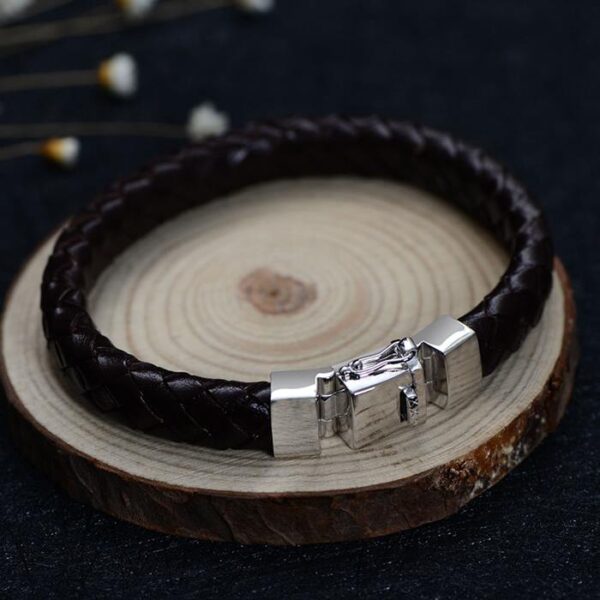 Mens Sterling Silver Woven Leather Bracelet