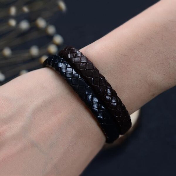 Mens Sterling Silver Woven Leather Bracelet