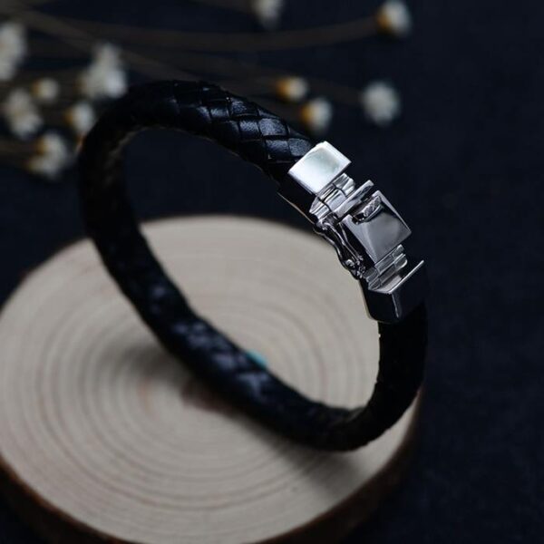 Mens Sterling Silver Woven Leather Bracelet