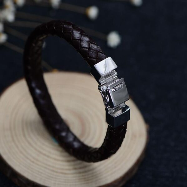 Mens Sterling Silver Woven Leather Bracelet