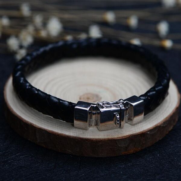 Mens Sterling Silver Woven Leather Bracelet