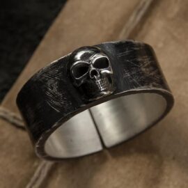 Silver Black Punk Skull Band Ring