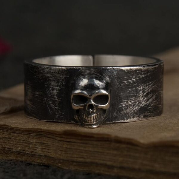 Silver Black Punk Skull Band Ring