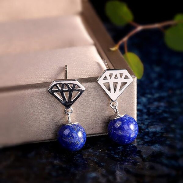Sterling Silver Diamond Shape Earrings With Lapis Lazuli