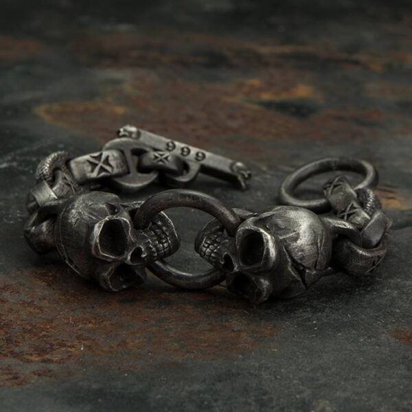 Heavy Wide Fine Silver Skull With Maltese Cross Anchor Link Bracelet