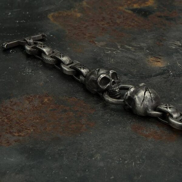 Heavy Wide Fine Silver Skull With Maltese Cross Anchor Link Bracelet