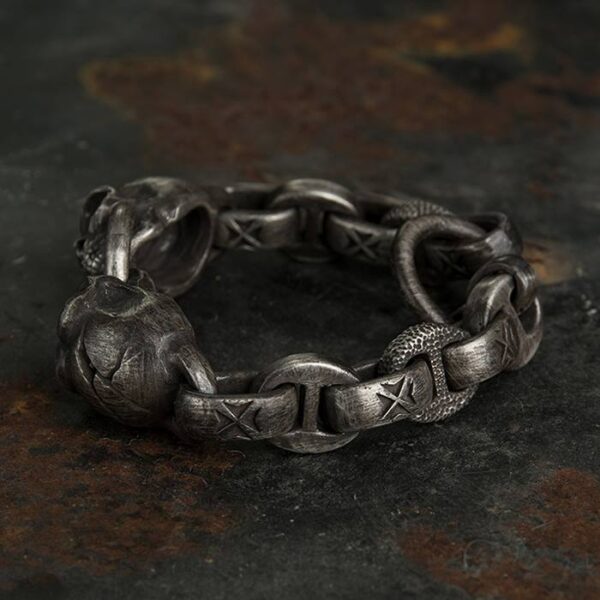 Heavy Wide Fine Silver Skull With Maltese Cross Anchor Link Bracelet