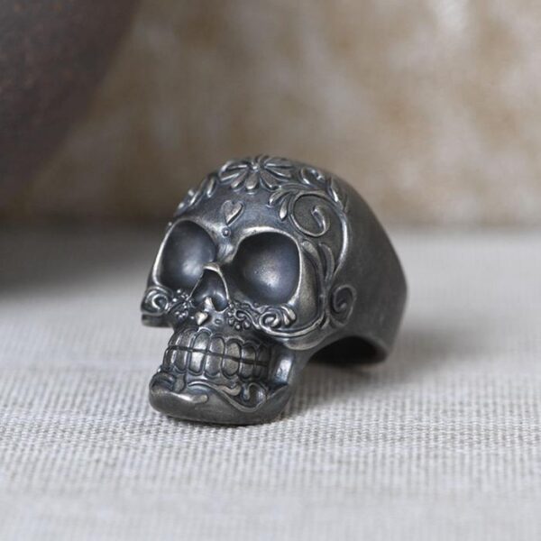 Matte Black Vintage Flower Skull Ring