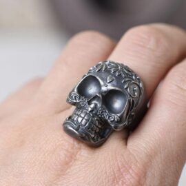 Matte Black Vintage Flower Skull Ring