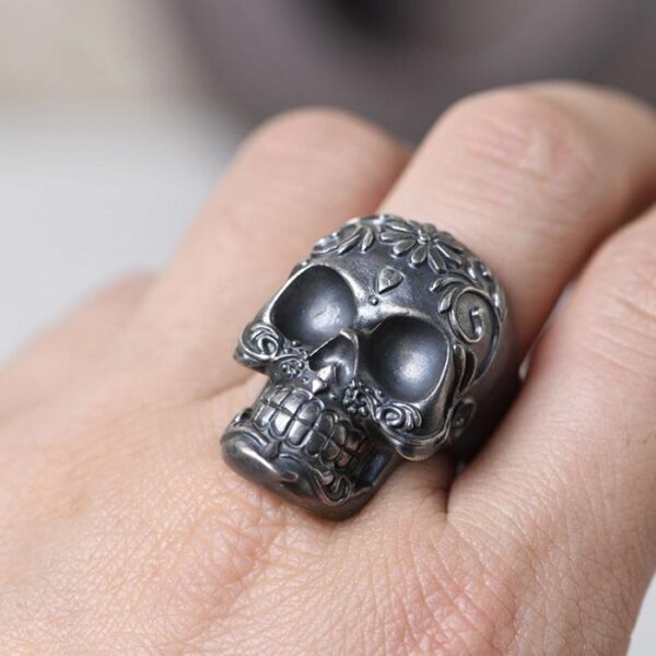 Matte Black Vintage Flower Skull Ring