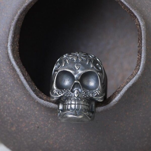 Matte Black Vintage Flower Skull Ring