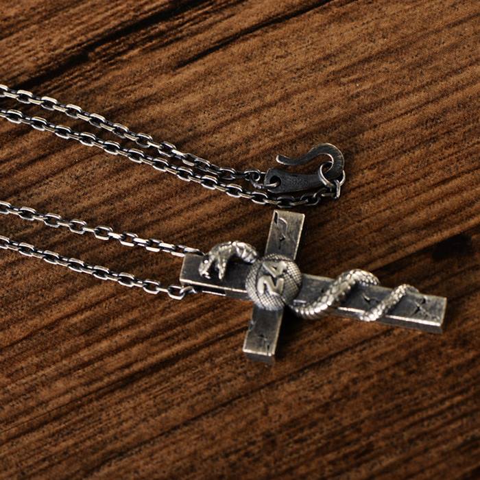 Sterling Silver Black Mamba Snake Cross Necklace - VVV Jewelry