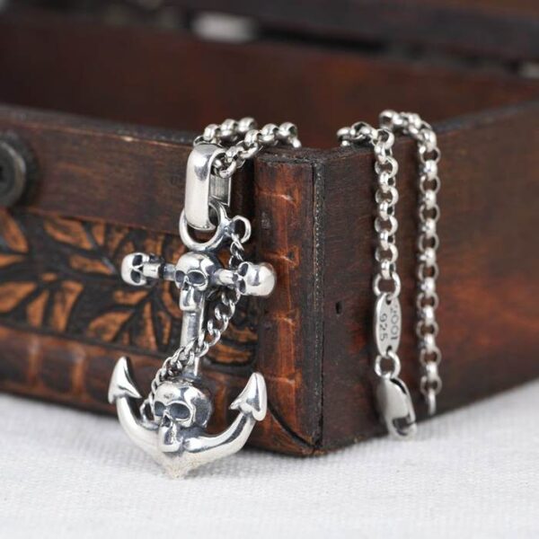 Silver Anchor Skull Pendant Necklace