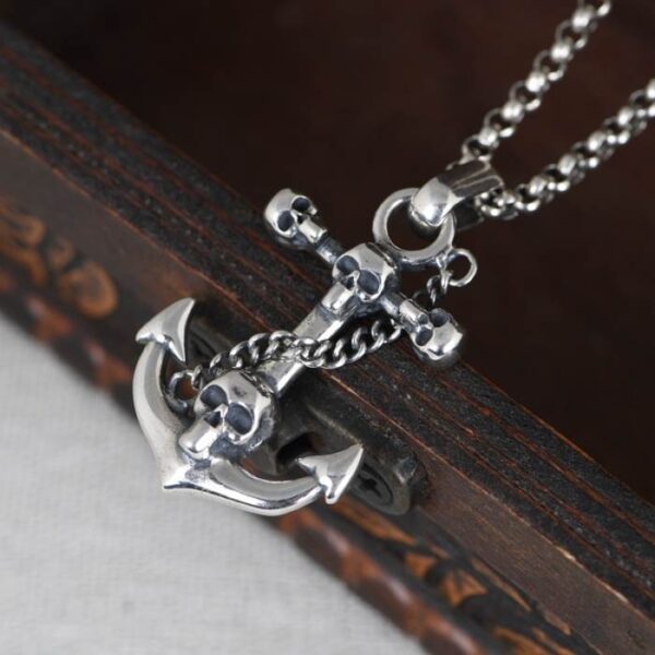 Silver Anchor Skull Pendant Necklace