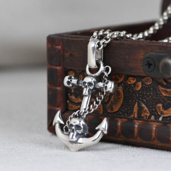 Silver Anchor Skull Pendant Necklace