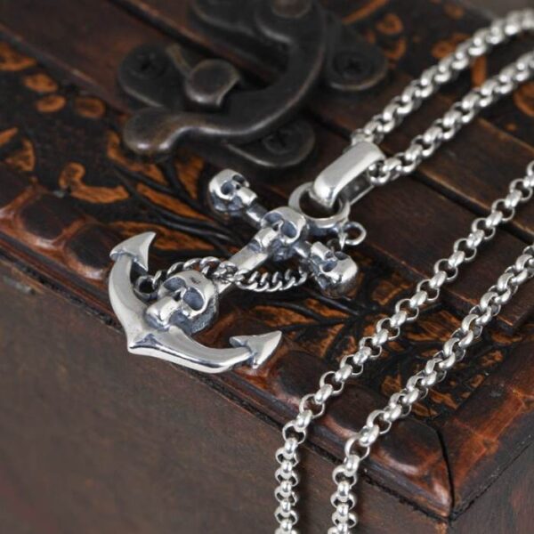 Silver Anchor Skull Pendant Necklace