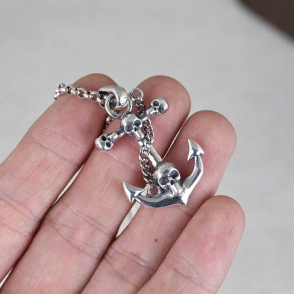 Silver Anchor Skull Pendant Necklace