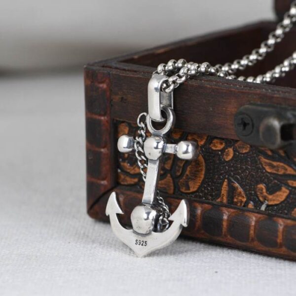 Silver Anchor Skull Pendant Necklace