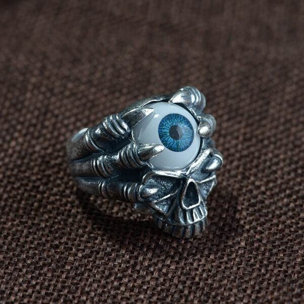 990 Silver Evil Eyeball Skull Finger Claw Ring